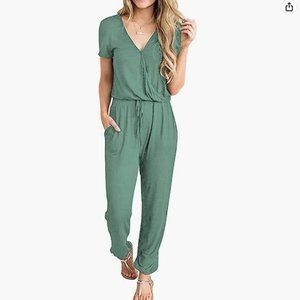 PRETTYGARDEN Women's Deep V Neck Short Sleeve Wrap Drawstring Waist Jumpsuit